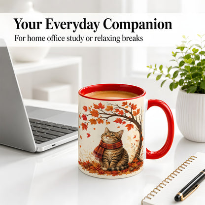 #pl[11oz|Red] Autumn Cat Accent Mug, Mug with Scarf and Maple Leaves Artwork