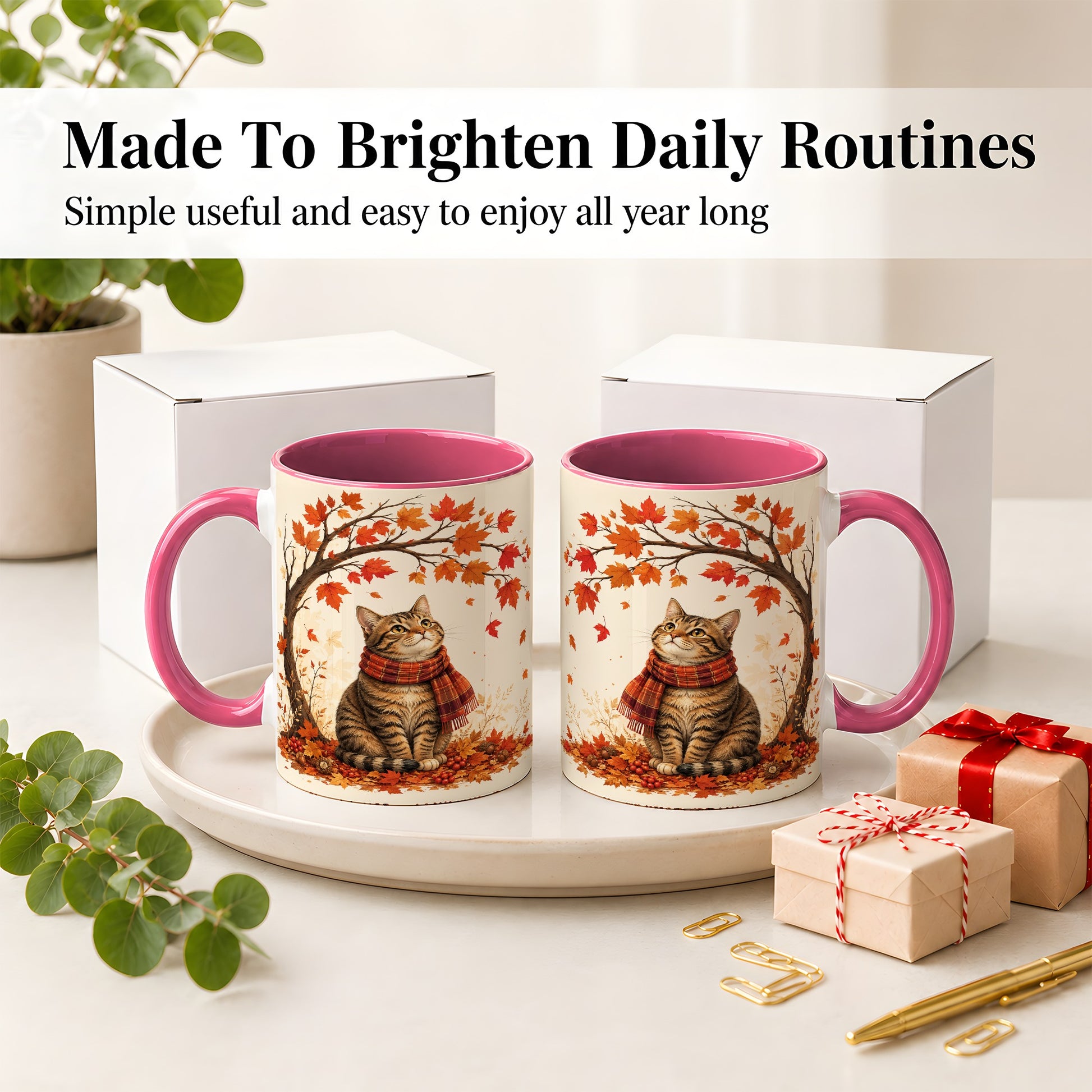 #pl[11oz|Pink] Autumn Cat Accent Mug, Mug with Scarf and Maple Leaves Artwork