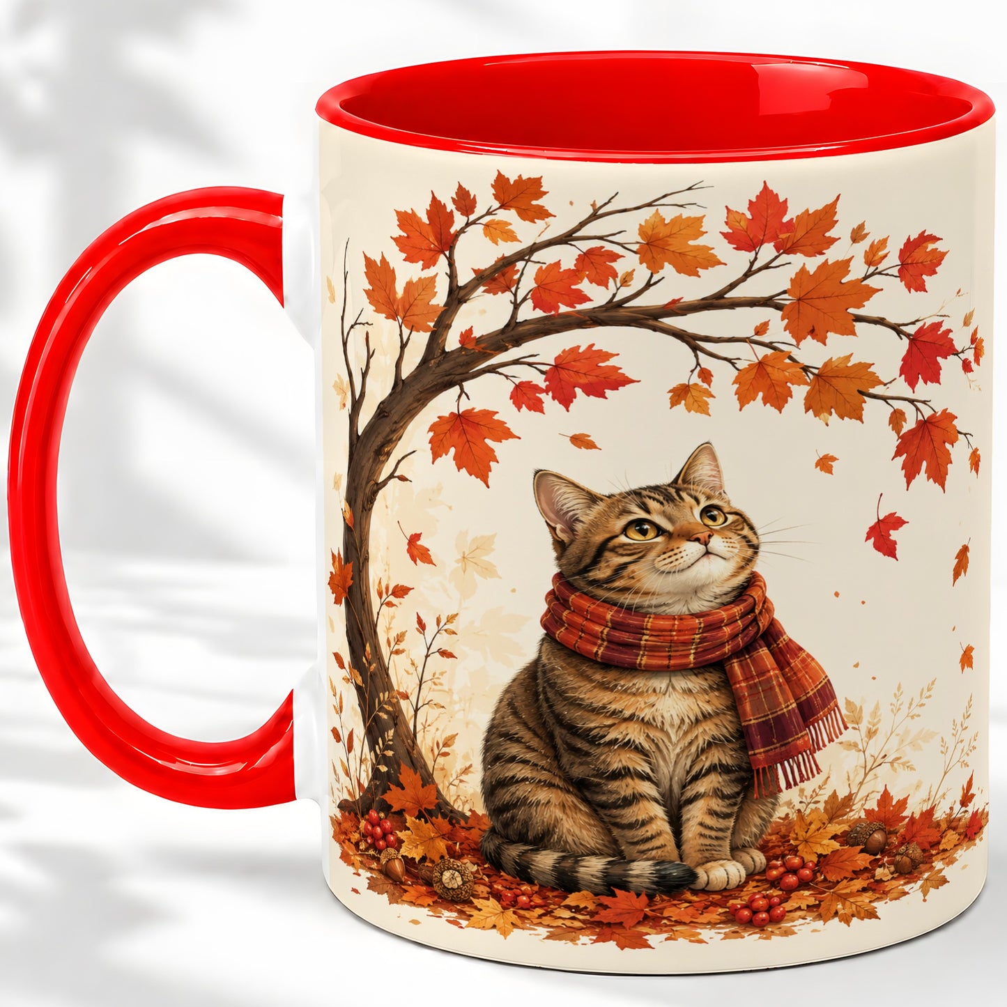 Autumn Cat Accent Mug, Mug with Scarf and Maple Leaves Artwork
