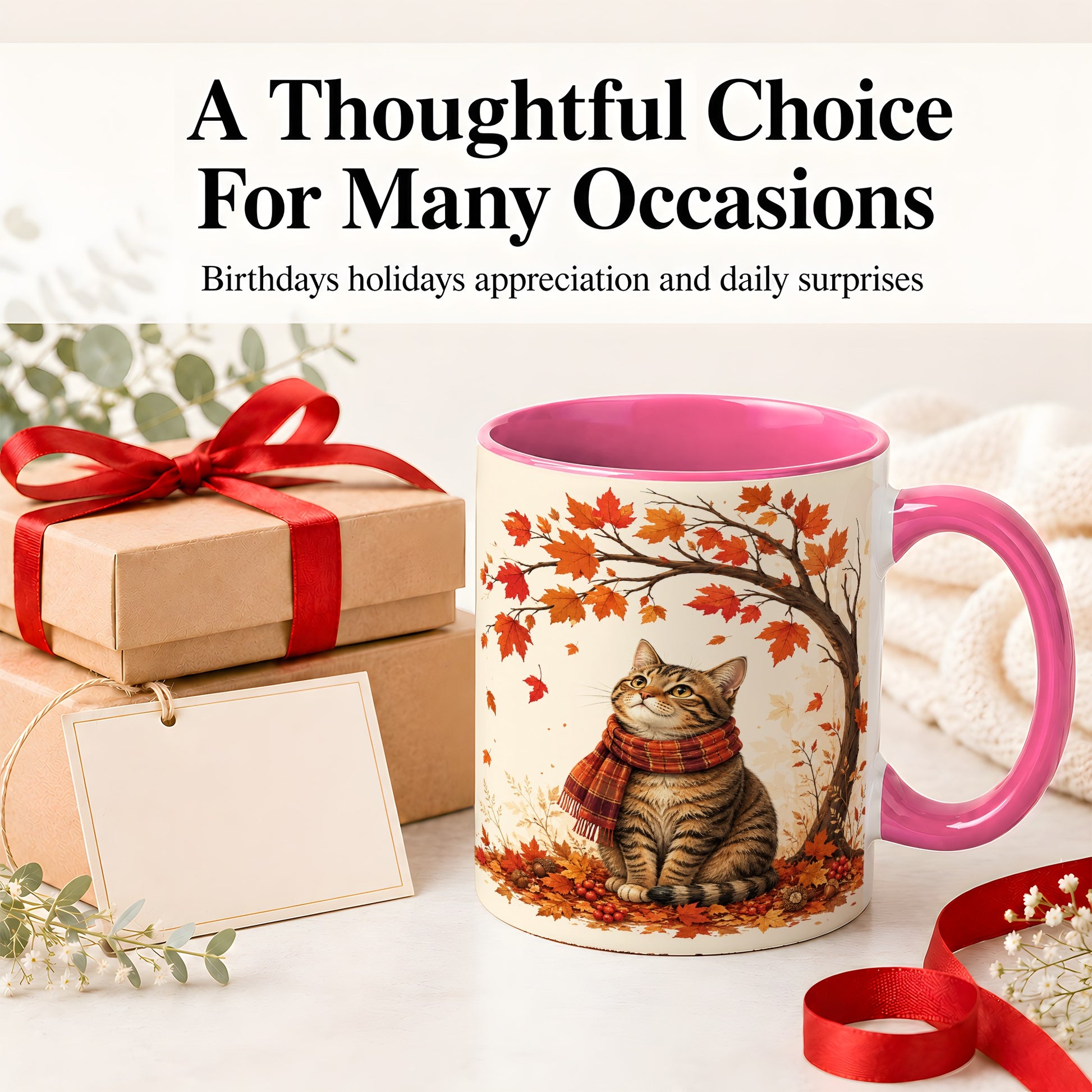 #pl[11oz|Pink] Autumn Cat Accent Mug, Mug with Scarf and Maple Leaves Artwork