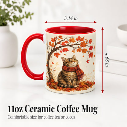 #pl[11oz|Red] Autumn Cat Accent Mug, Mug with Scarf and Maple Leaves Artwork