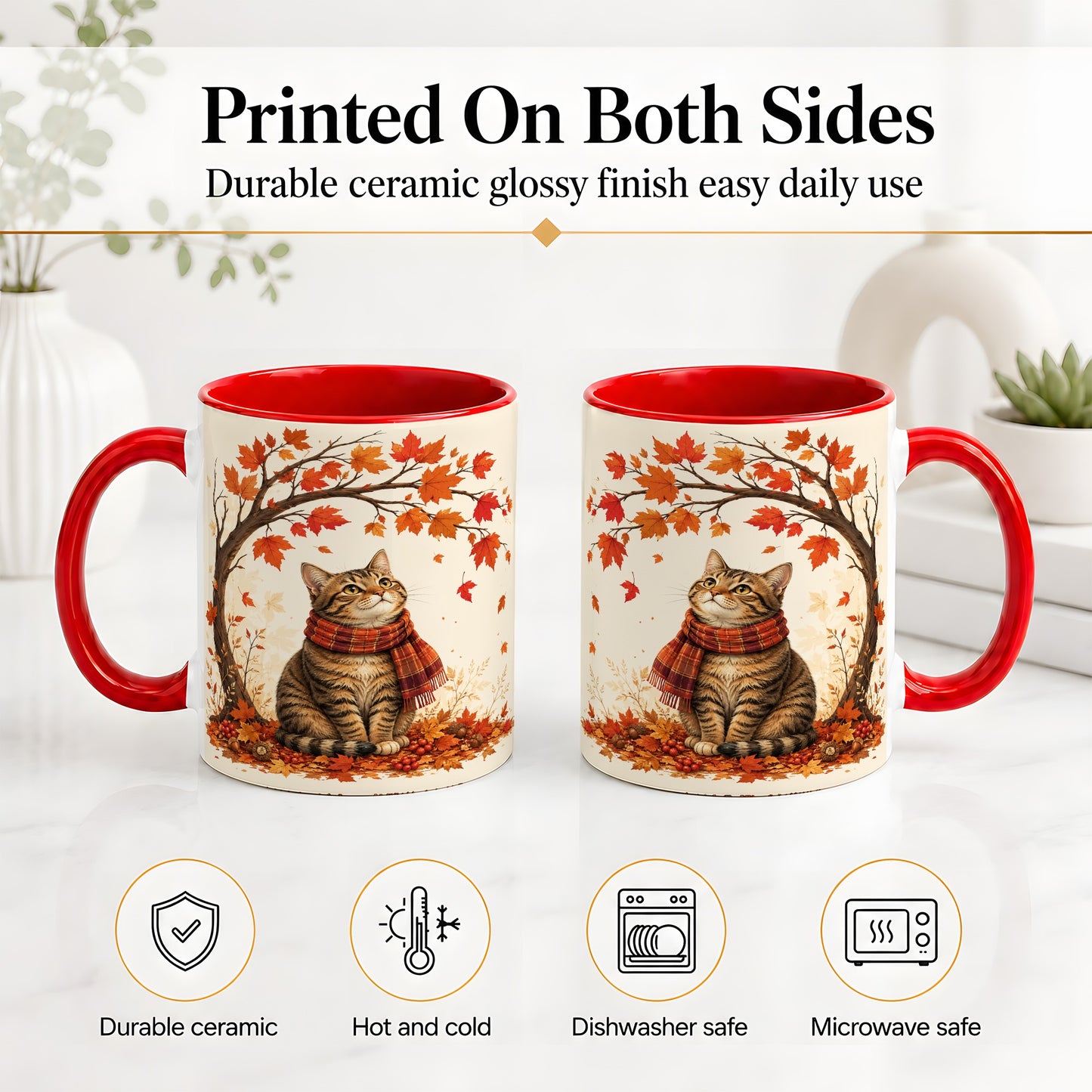 #pl[11oz|Red] Autumn Cat Accent Mug, Mug with Scarf and Maple Leaves Artwork