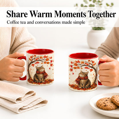#pl[11oz|Red] Autumn Cat Accent Mug, Mug with Scarf and Maple Leaves Artwork