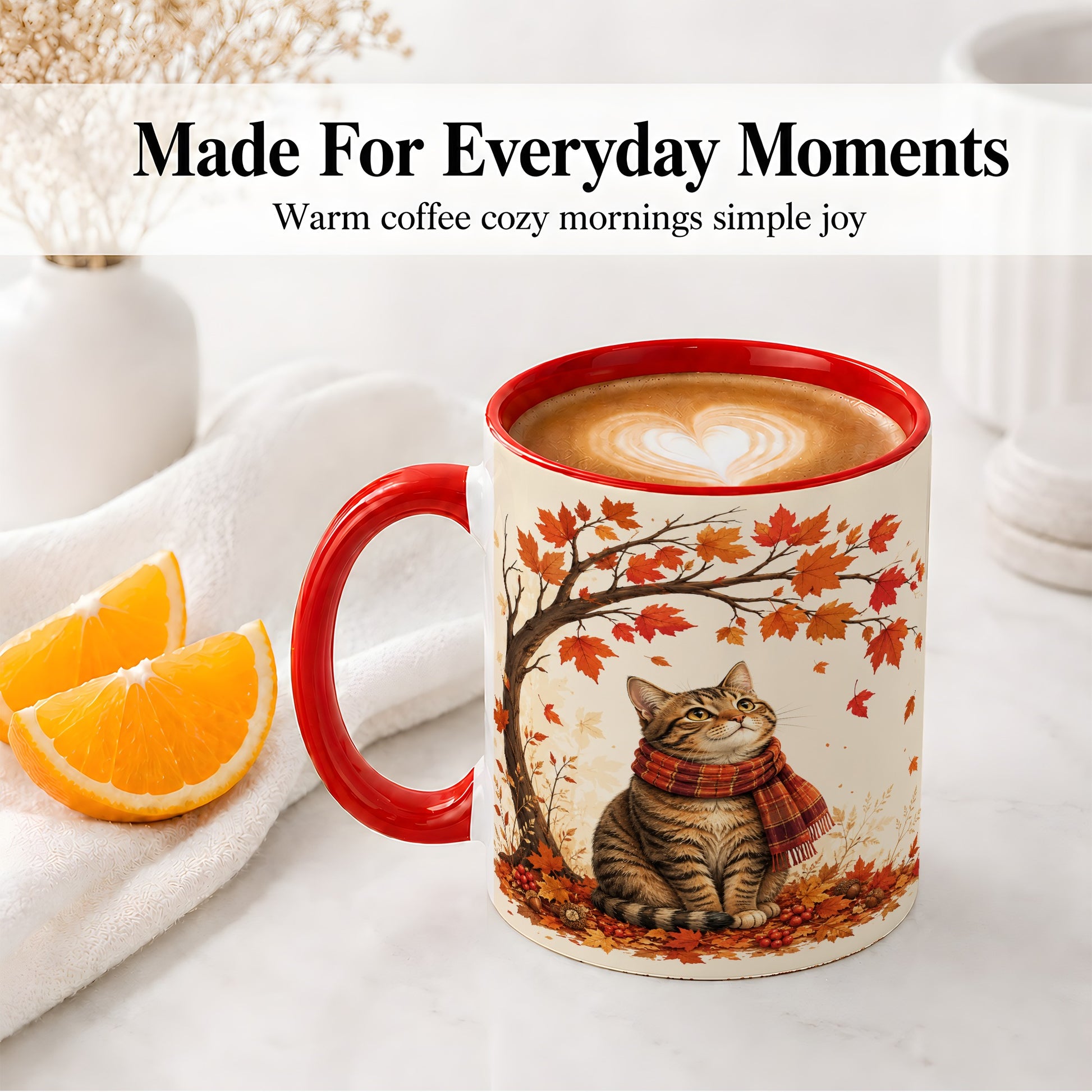#pl[11oz|Red] Autumn Cat Accent Mug, Mug with Scarf and Maple Leaves Artwork