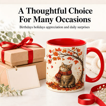 #pl[11oz|Red] Autumn Cat Accent Mug, Mug with Scarf and Maple Leaves Artwork