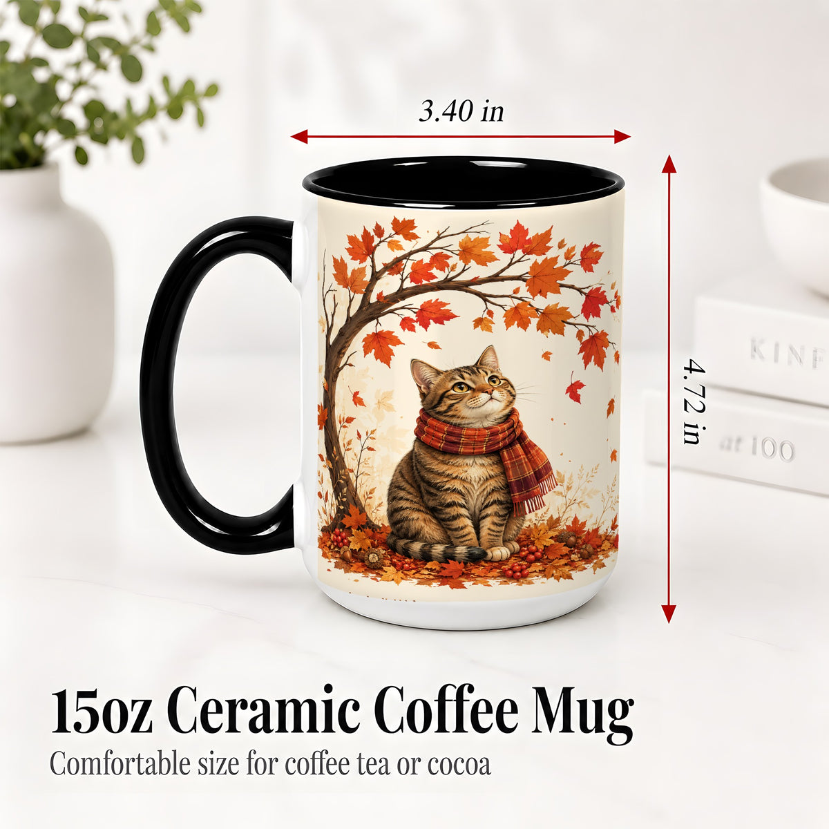 #pl[15oz|Black] Autumn Cat Accent Mug, Mug with Scarf and Maple Leaves Artwork