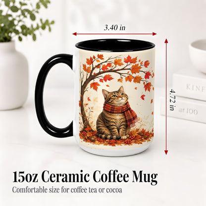 #pl[15oz|Black] Autumn Cat Accent Mug, Mug with Scarf and Maple Leaves Artwork
