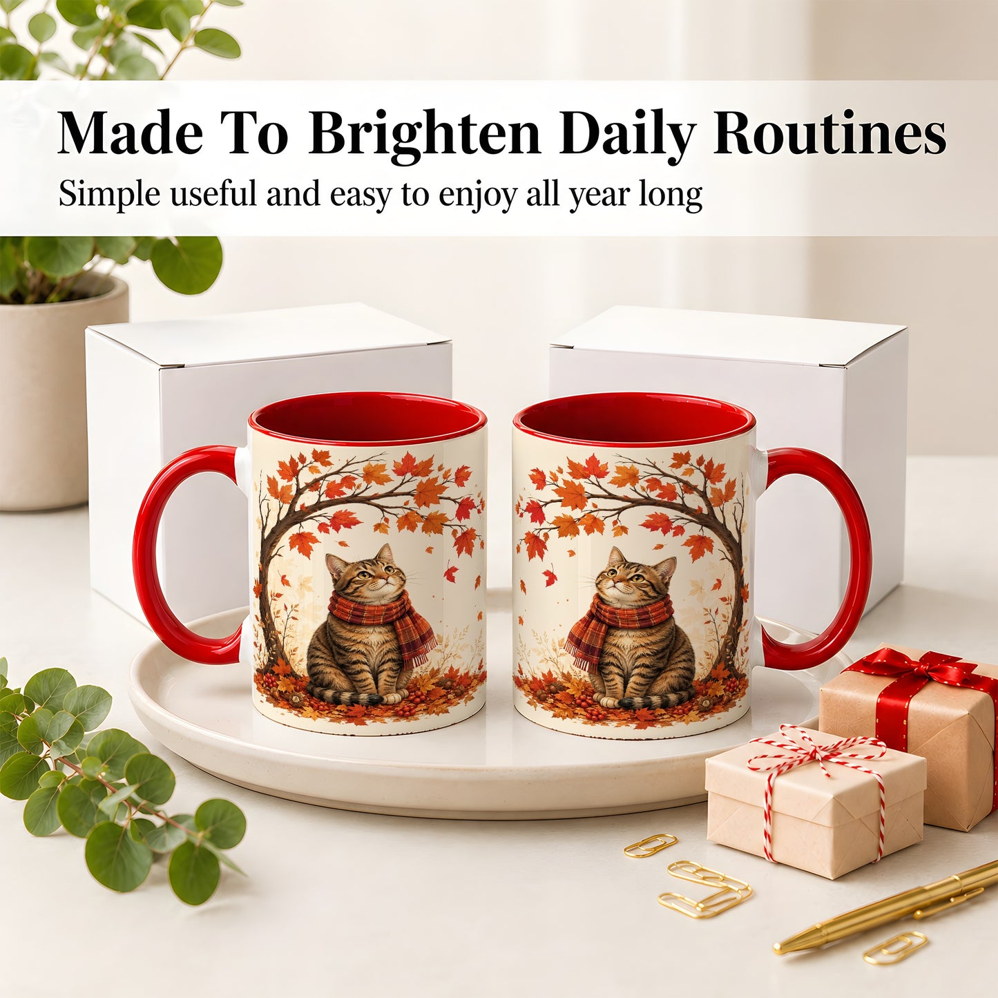 #pl[11oz|Red] Autumn Cat Accent Mug, Mug with Scarf and Maple Leaves Artwork