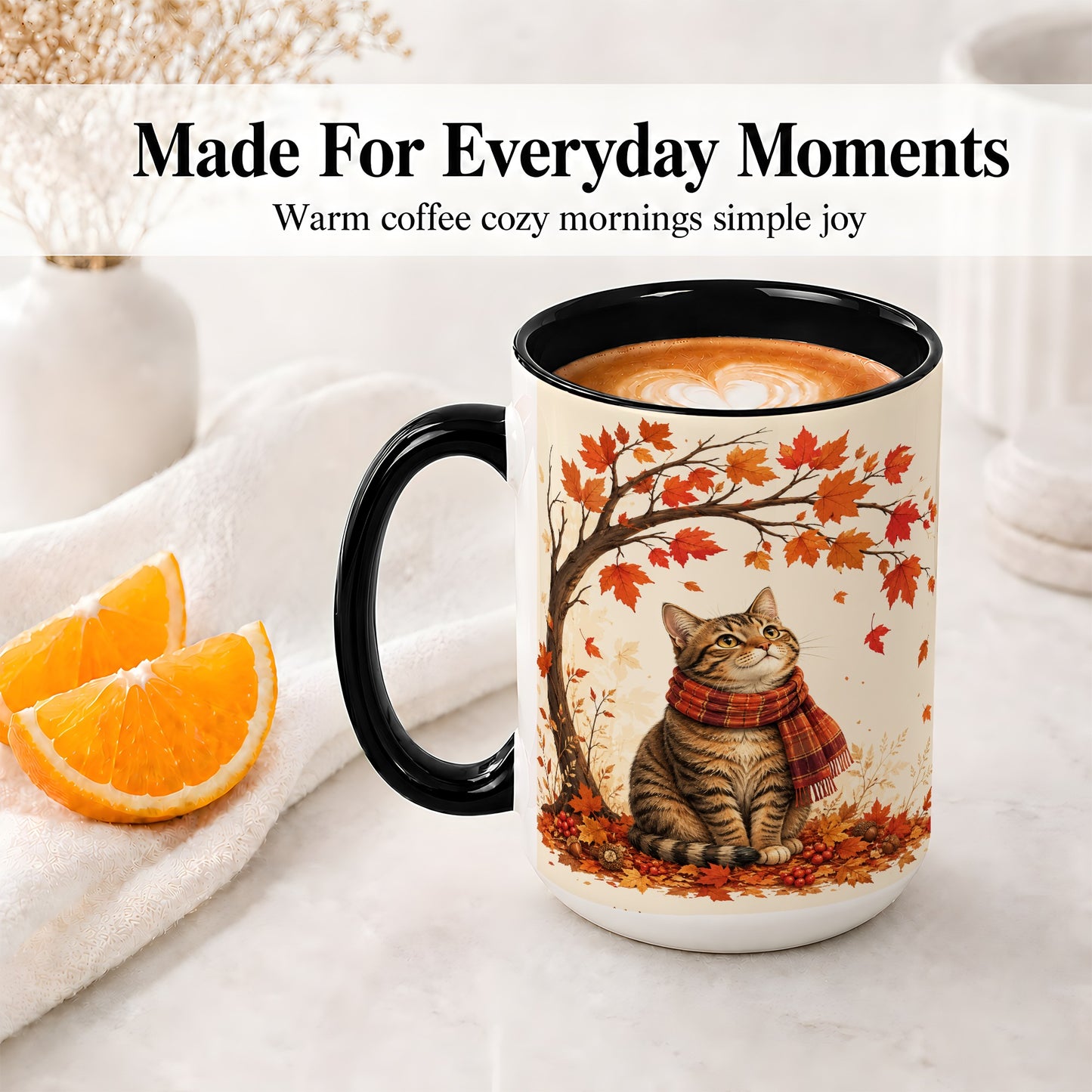 #pl[15oz|Black] Autumn Cat Accent Mug, Mug with Scarf and Maple Leaves Artwork