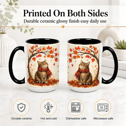 #pl[15oz|Black] Autumn Cat Accent Mug, Mug with Scarf and Maple Leaves Artwork