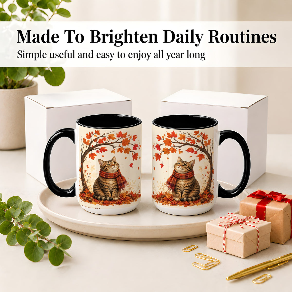 #pl[15oz|Black] Autumn Cat Accent Mug, Mug with Scarf and Maple Leaves Artwork