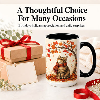 #pl[15oz|Black] Autumn Cat Accent Mug, Mug with Scarf and Maple Leaves Artwork