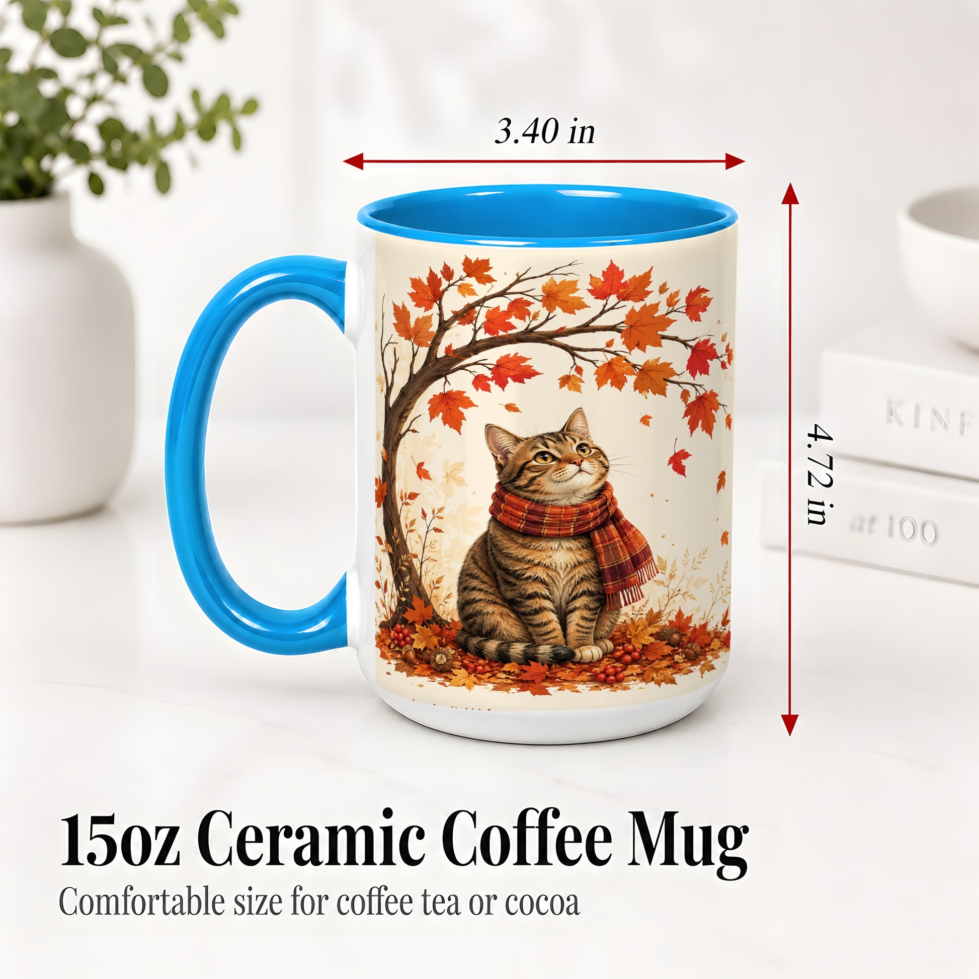 #pl[15oz|Blue] Autumn Cat Accent Mug, Mug with Scarf and Maple Leaves Artwork
