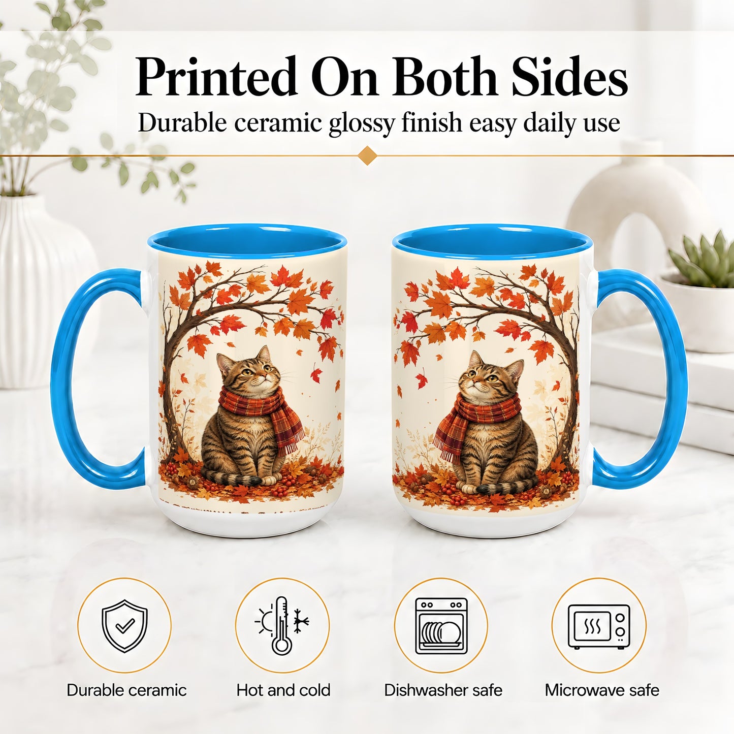 #pl[15oz|Blue] Autumn Cat Accent Mug, Mug with Scarf and Maple Leaves Artwork