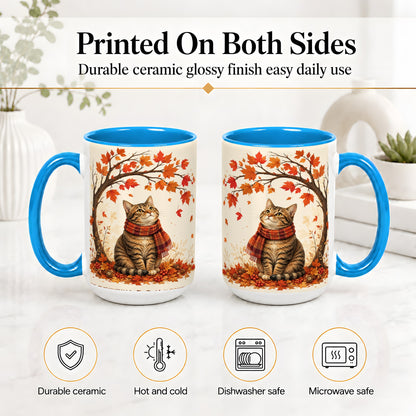 #pl[15oz|Blue] Autumn Cat Accent Mug, Mug with Scarf and Maple Leaves Artwork