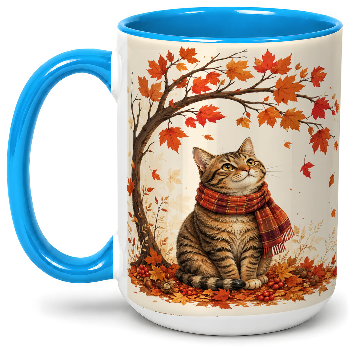 #pl[15oz|Blue] Autumn Cat Accent Mug, Mug with Scarf and Maple Leaves Artwork