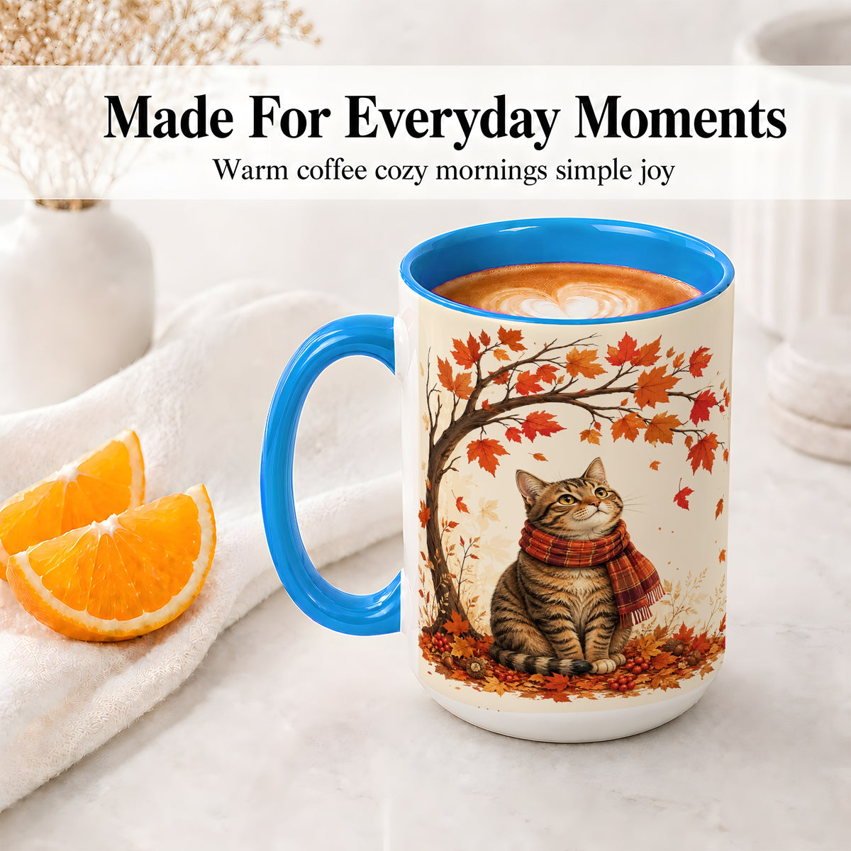 #pl[15oz|Blue] Autumn Cat Accent Mug, Mug with Scarf and Maple Leaves Artwork