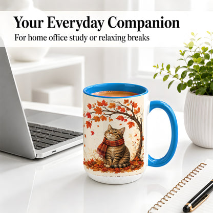 #pl[15oz|Blue] Autumn Cat Accent Mug, Mug with Scarf and Maple Leaves Artwork