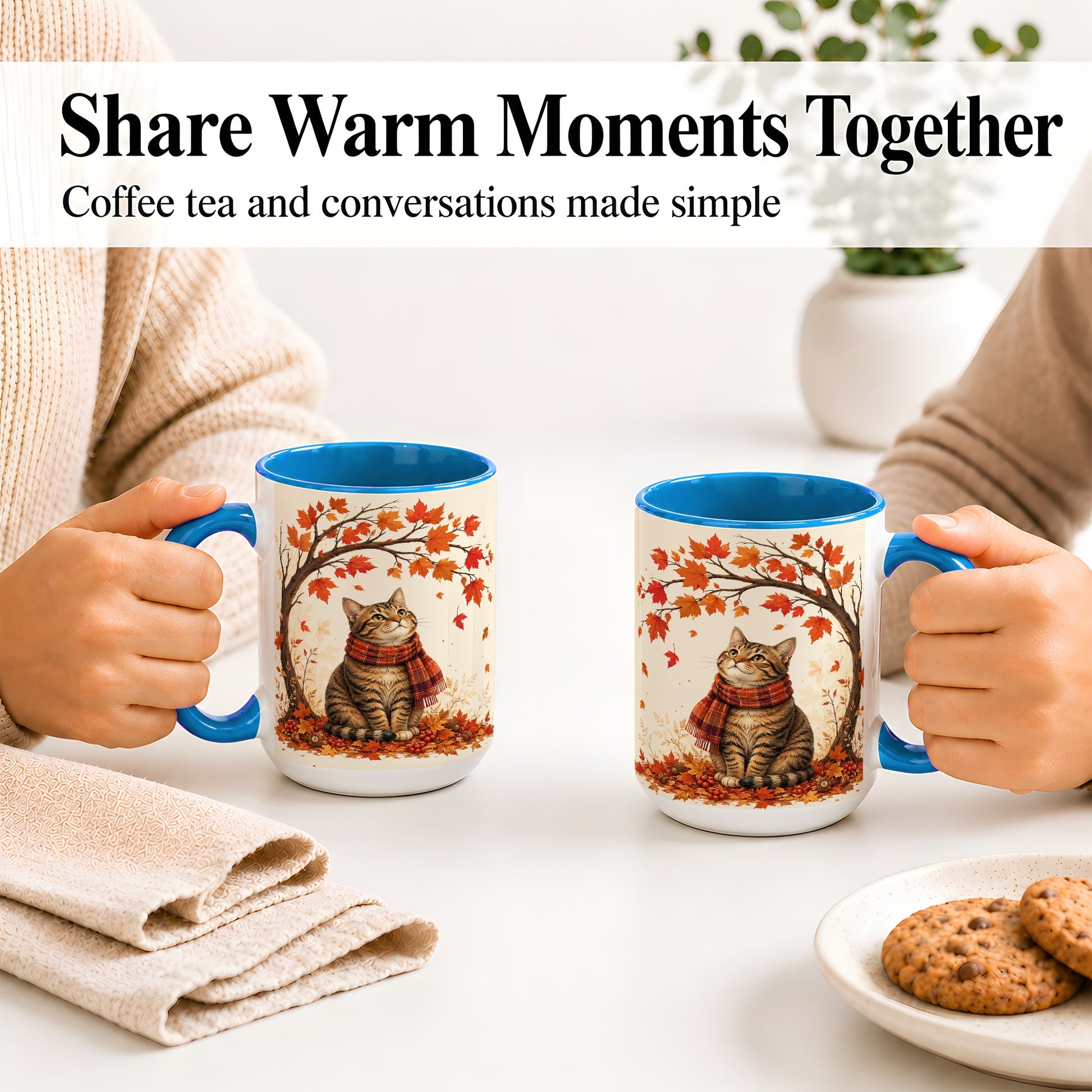#pl[15oz|Blue] Autumn Cat Accent Mug, Mug with Scarf and Maple Leaves Artwork