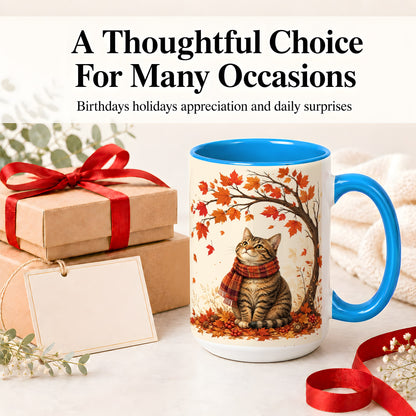#pl[15oz|Blue] Autumn Cat Accent Mug, Mug with Scarf and Maple Leaves Artwork