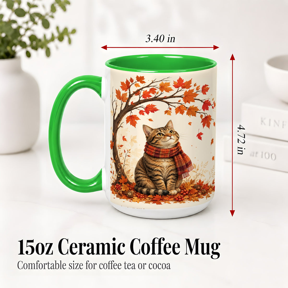 #pl[15oz|Green] Autumn Cat Accent Mug, Mug with Scarf and Maple Leaves Artwork