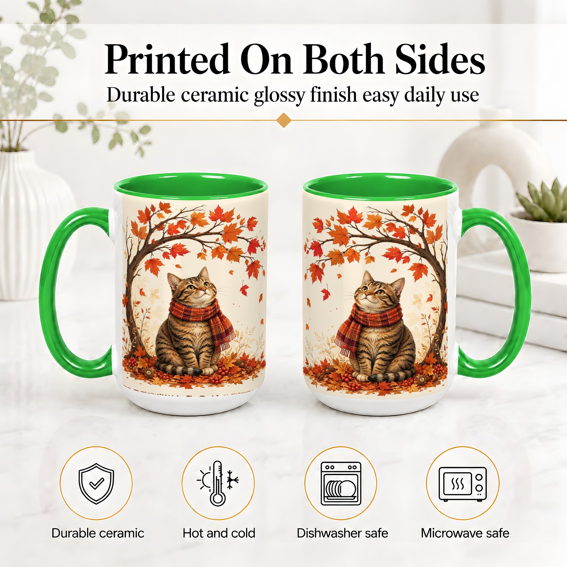 #pl[15oz|Green] Autumn Cat Accent Mug, Mug with Scarf and Maple Leaves Artwork