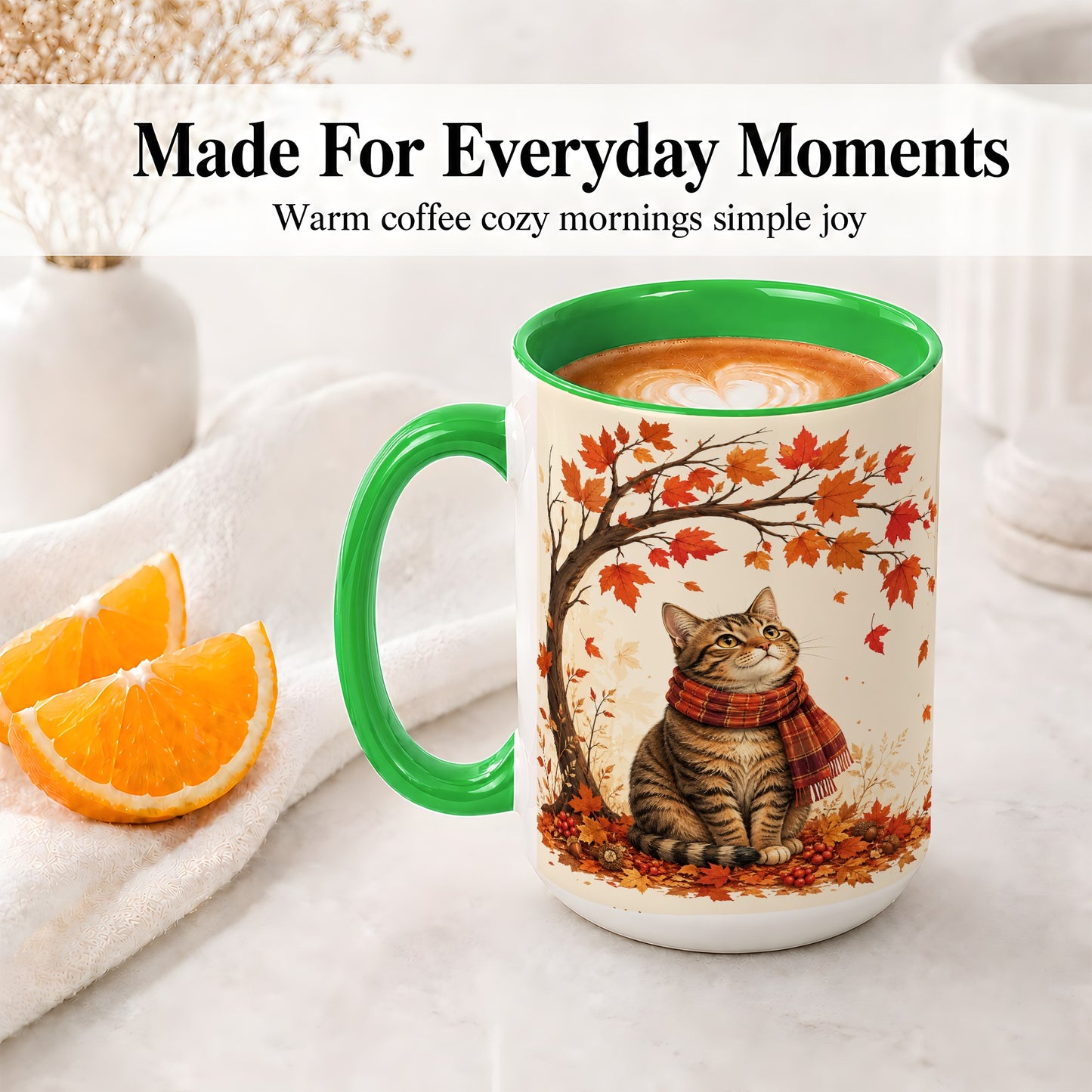 #pl[15oz|Green] Autumn Cat Accent Mug, Mug with Scarf and Maple Leaves Artwork