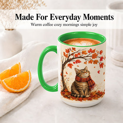 #pl[15oz|Green] Autumn Cat Accent Mug, Mug with Scarf and Maple Leaves Artwork