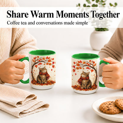 #pl[15oz|Green] Autumn Cat Accent Mug, Mug with Scarf and Maple Leaves Artwork