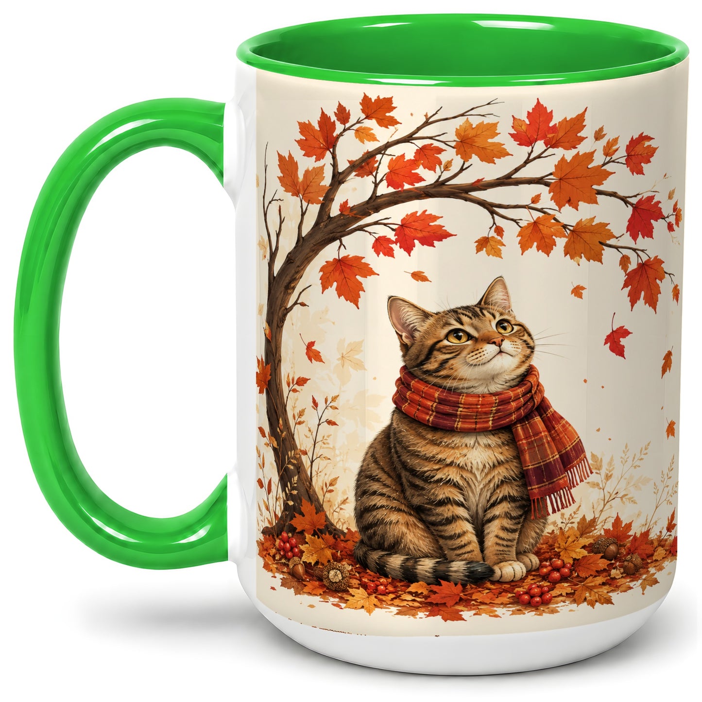 #pl[15oz|Green] Autumn Cat Accent Mug, Mug with Scarf and Maple Leaves Artwork