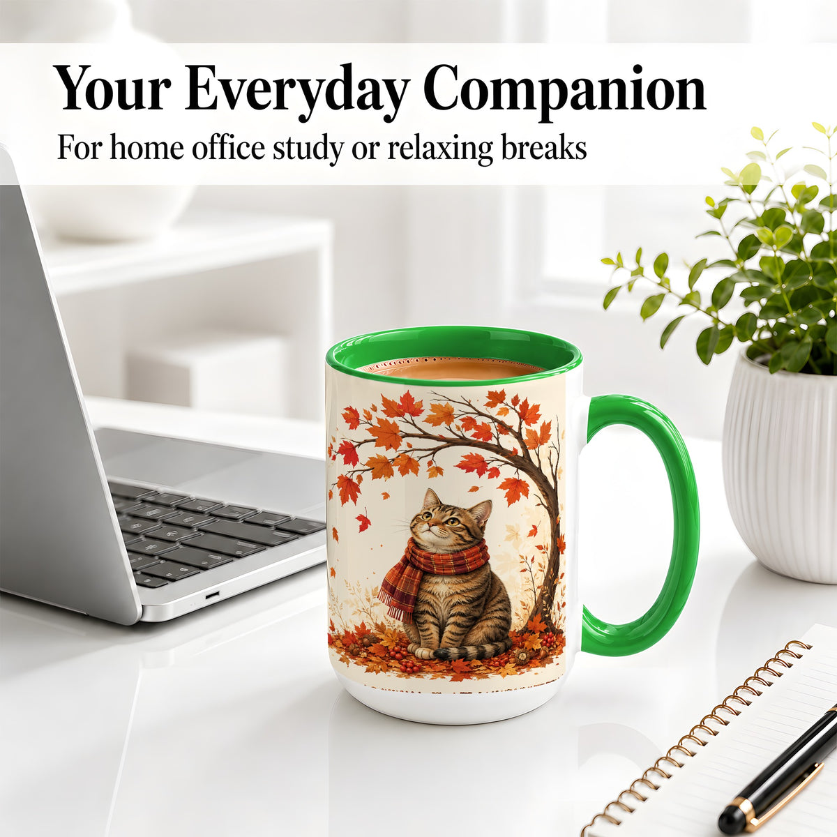#pl[15oz|Green] Autumn Cat Accent Mug, Mug with Scarf and Maple Leaves Artwork