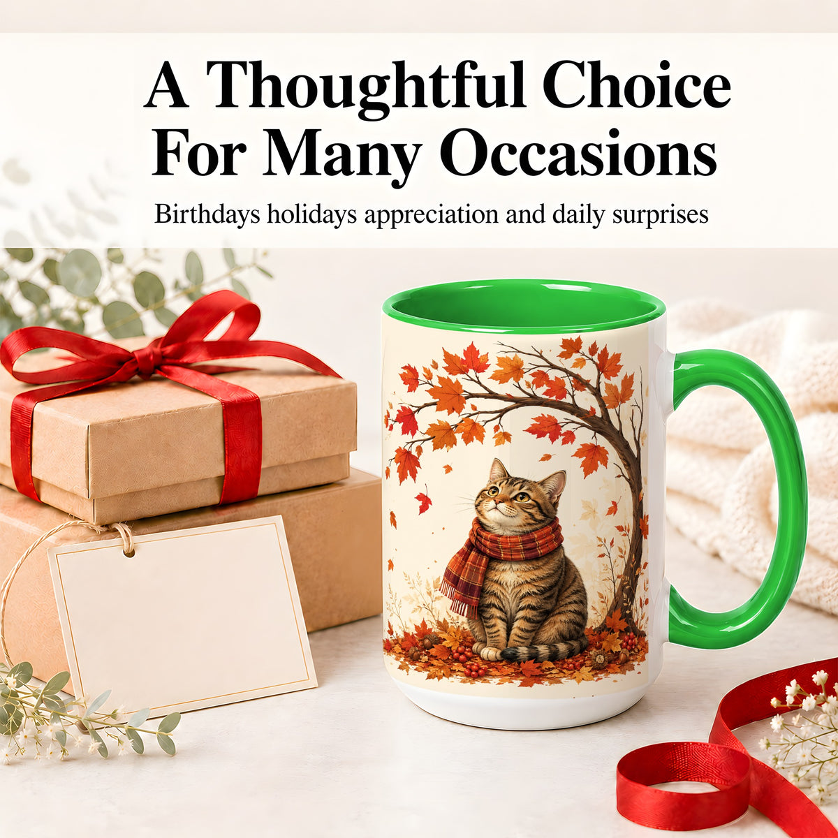 #pl[15oz|Green] Autumn Cat Accent Mug, Mug with Scarf and Maple Leaves Artwork