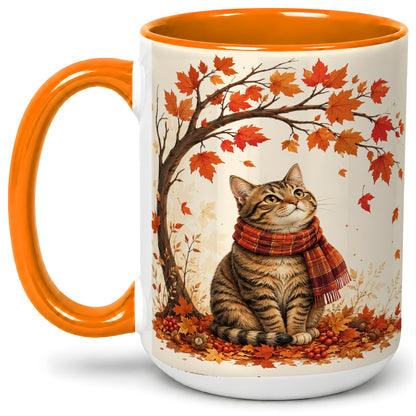 #pl[15oz|Orange] Autumn Cat Accent Mug, Mug with Scarf and Maple Leaves Artwork