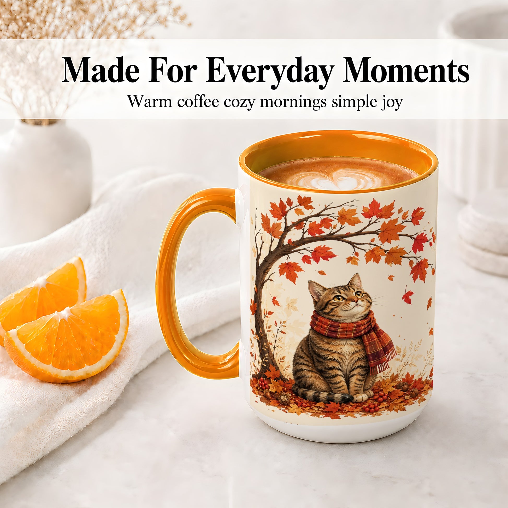 #pl[15oz|Orange] Autumn Cat Accent Mug, Mug with Scarf and Maple Leaves Artwork