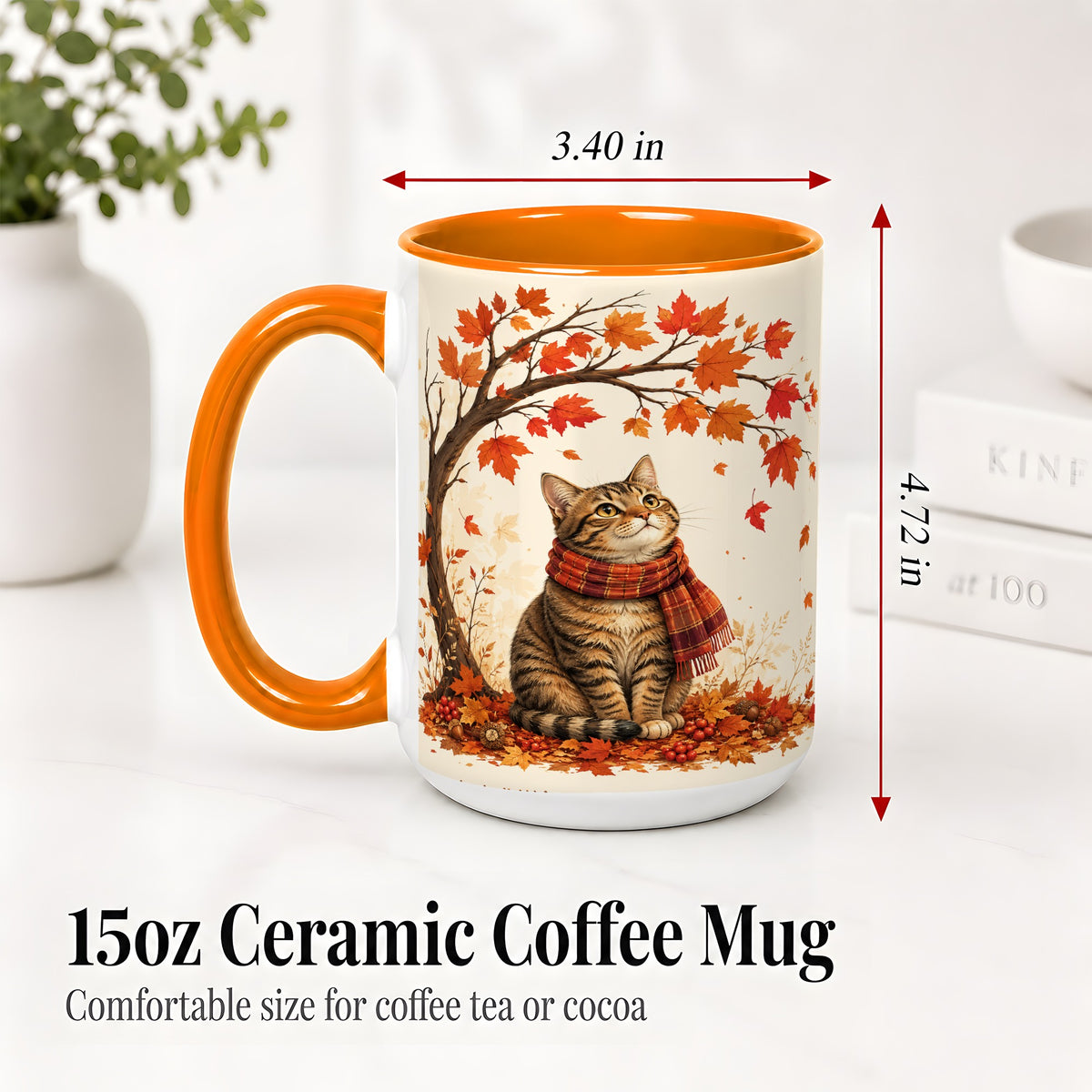 #pl[15oz|Orange] Autumn Cat Accent Mug, Mug with Scarf and Maple Leaves Artwork