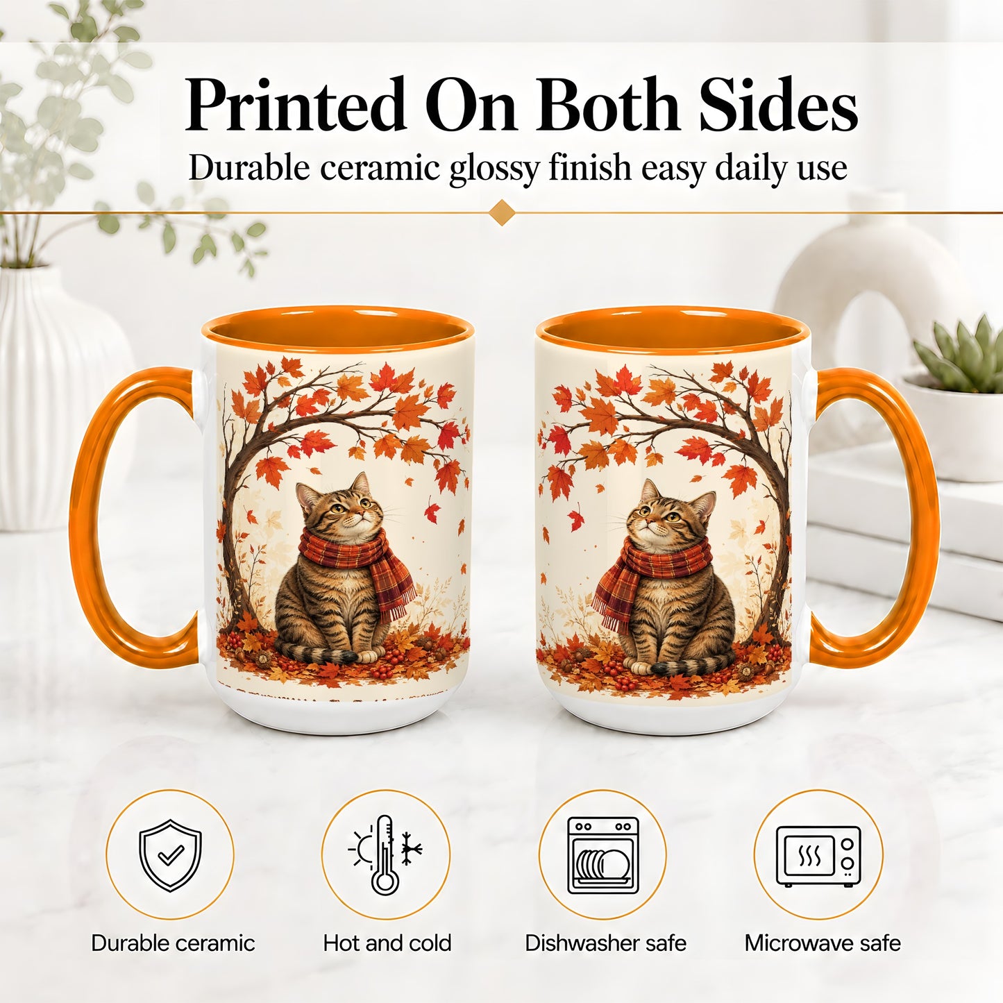 #pl[15oz|Orange] Autumn Cat Accent Mug, Mug with Scarf and Maple Leaves Artwork