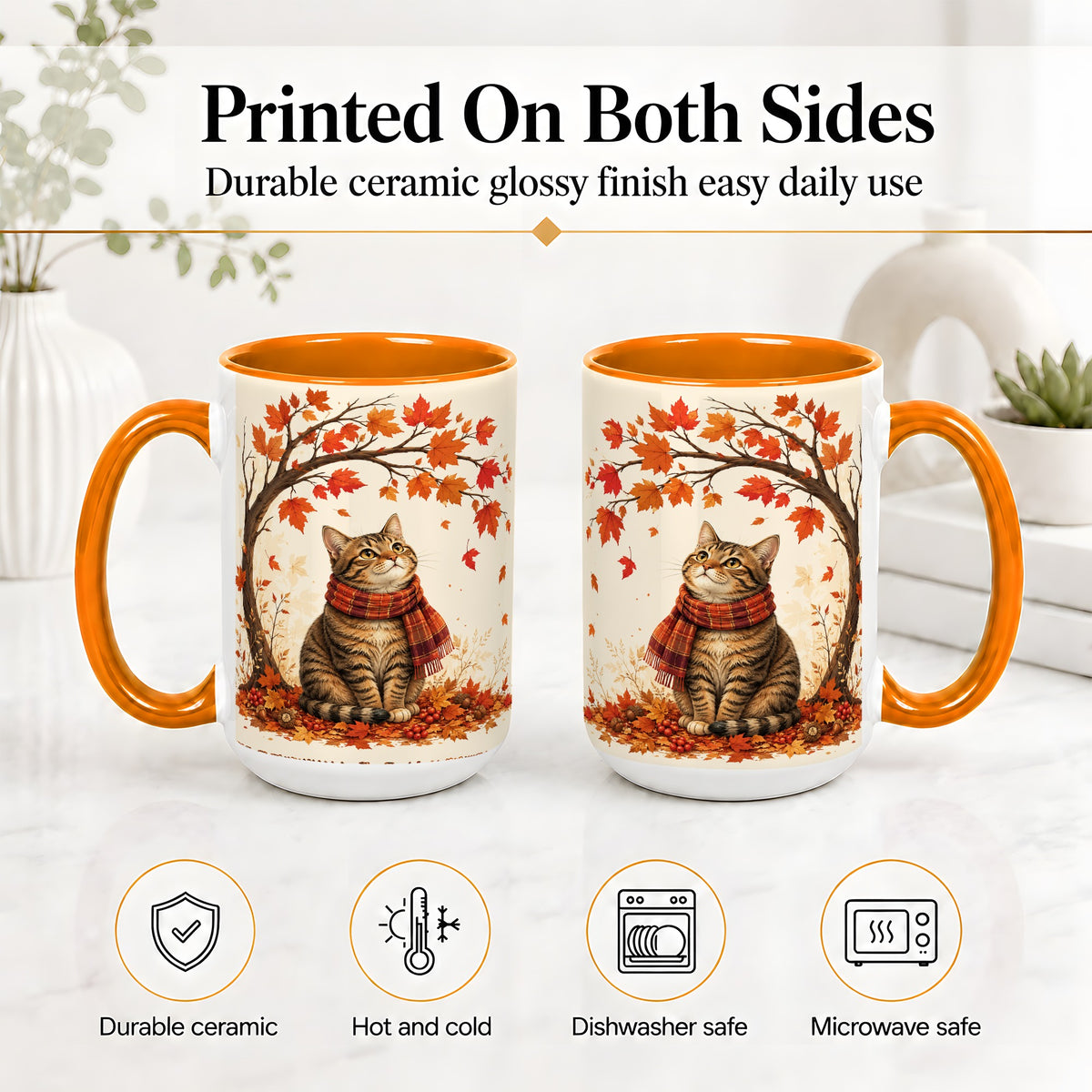 #pl[15oz|Orange] Autumn Cat Accent Mug, Mug with Scarf and Maple Leaves Artwork