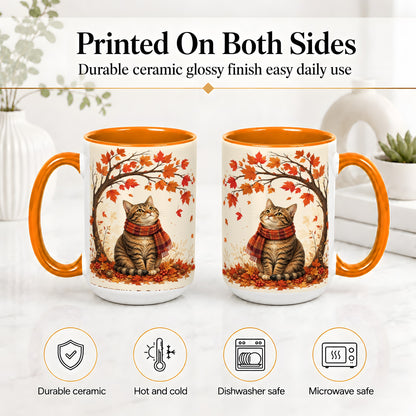 #pl[15oz|Orange] Autumn Cat Accent Mug, Mug with Scarf and Maple Leaves Artwork