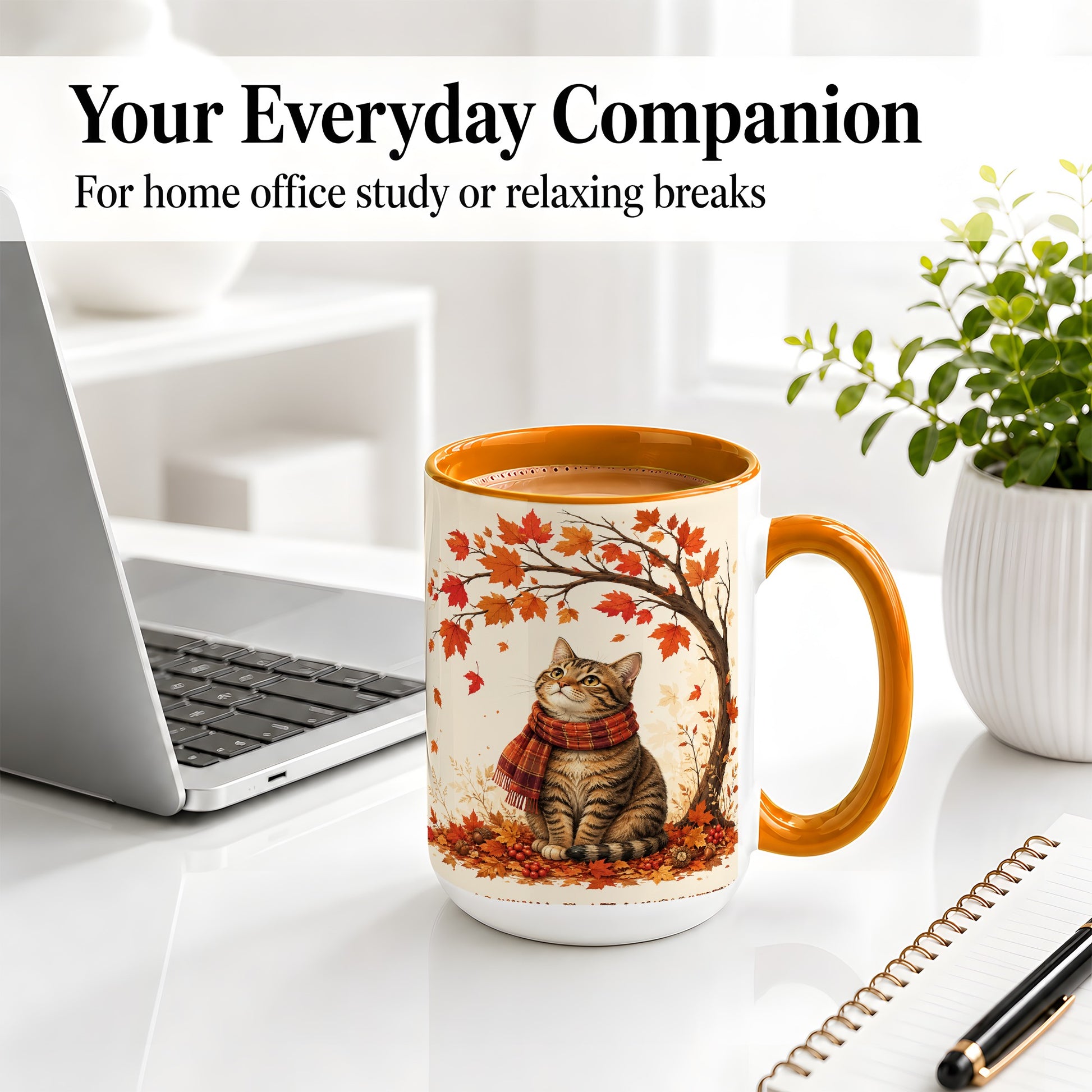 #pl[15oz|Orange] Autumn Cat Accent Mug, Mug with Scarf and Maple Leaves Artwork