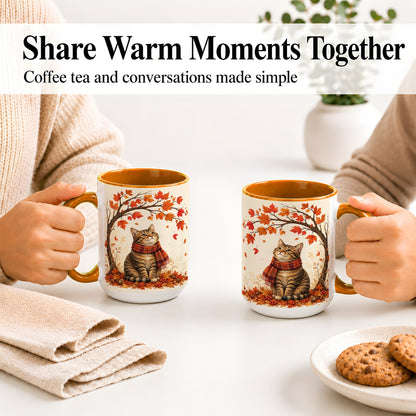 #pl[15oz|Orange] Autumn Cat Accent Mug, Mug with Scarf and Maple Leaves Artwork