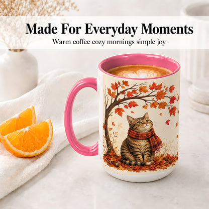 #pl[15oz|Pink] Autumn Cat Accent Mug, Mug with Scarf and Maple Leaves Artwork