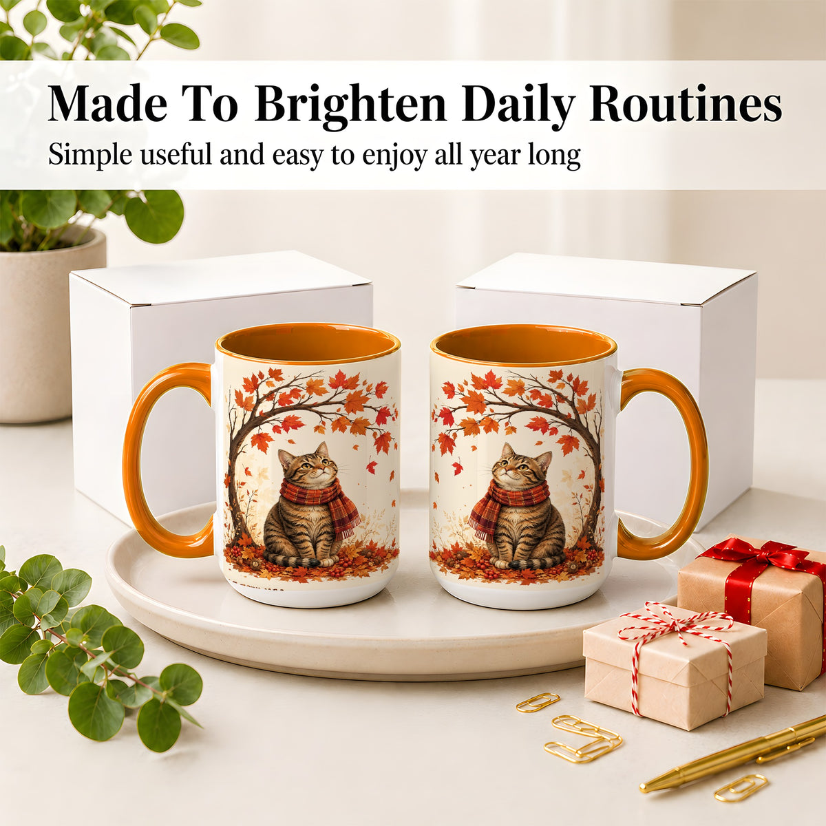 #pl[15oz|Orange] Autumn Cat Accent Mug, Mug with Scarf and Maple Leaves Artwork