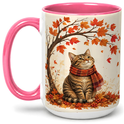 #pl[15oz|Pink] Autumn Cat Accent Mug, Mug with Scarf and Maple Leaves Artwork
