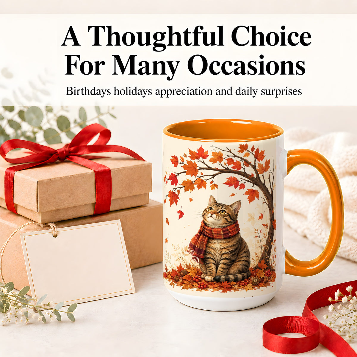#pl[15oz|Orange] Autumn Cat Accent Mug, Mug with Scarf and Maple Leaves Artwork