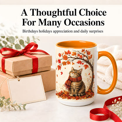 #pl[15oz|Orange] Autumn Cat Accent Mug, Mug with Scarf and Maple Leaves Artwork