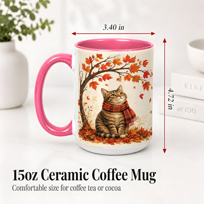 #pl[15oz|Pink] Autumn Cat Accent Mug, Mug with Scarf and Maple Leaves Artwork