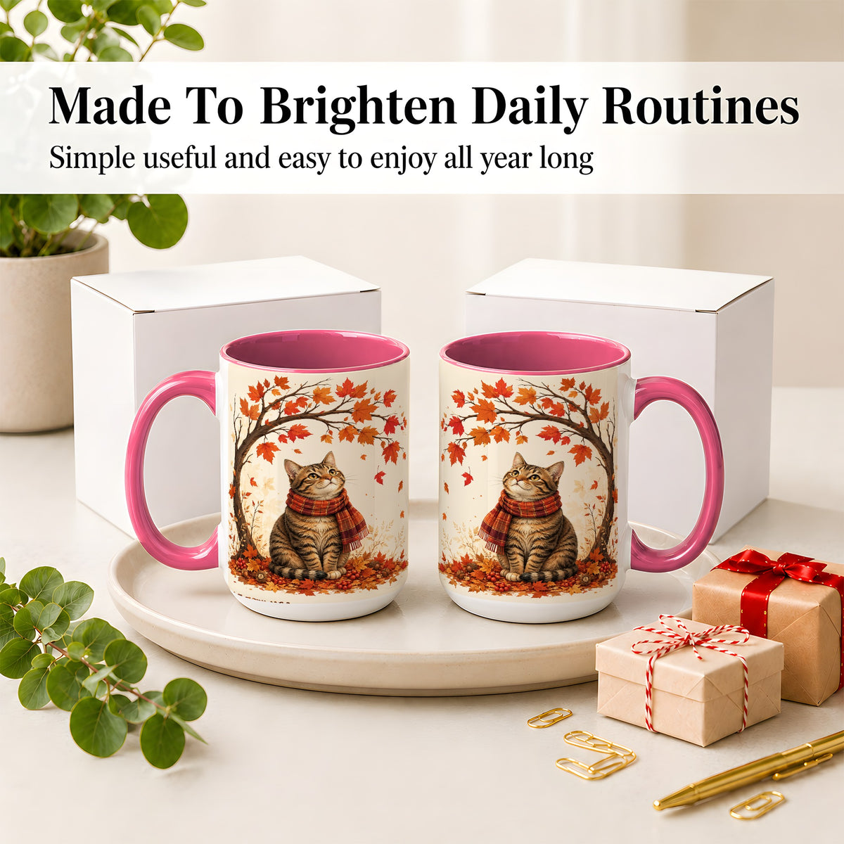 #pl[15oz|Pink] Autumn Cat Accent Mug, Mug with Scarf and Maple Leaves Artwork
