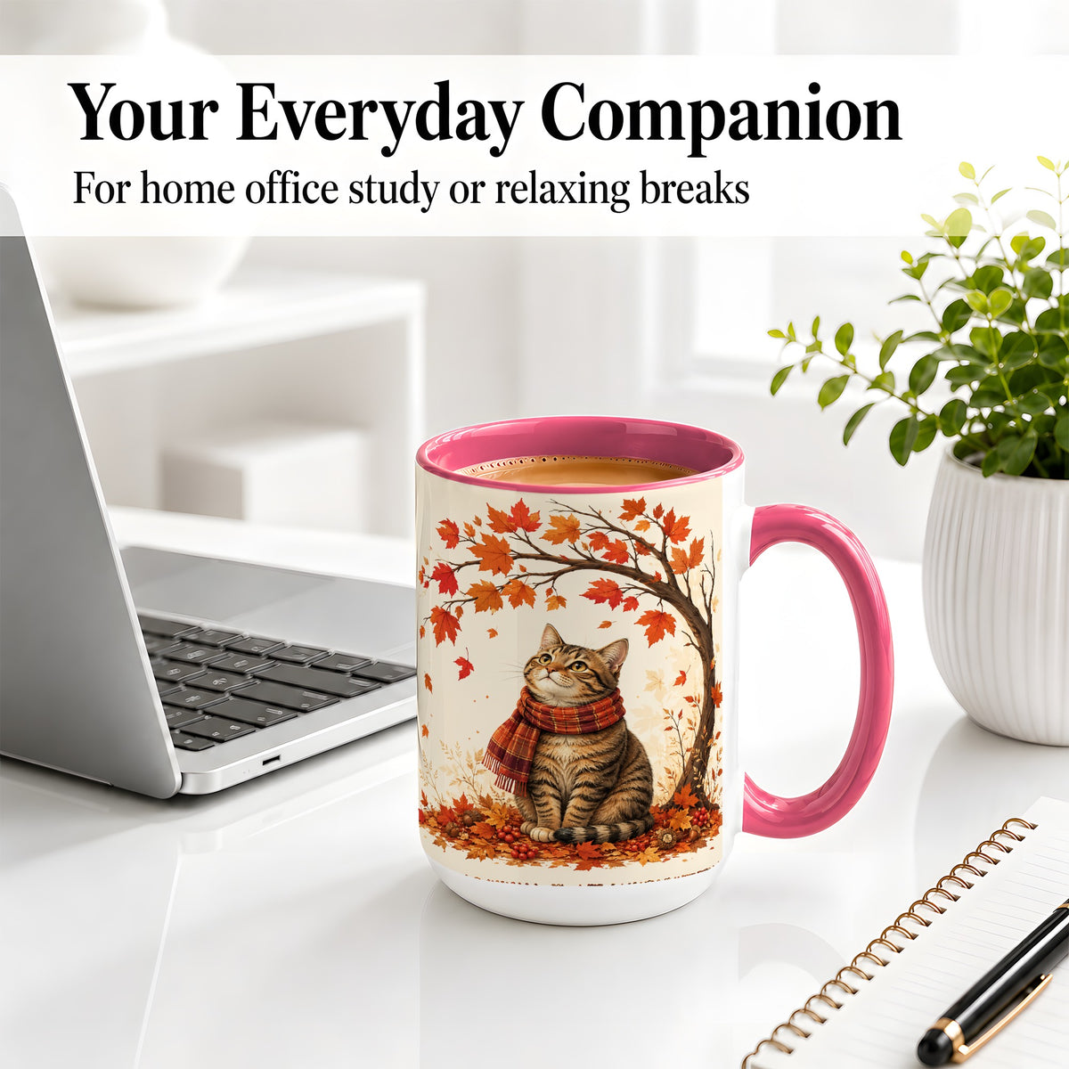 #pl[15oz|Pink] Autumn Cat Accent Mug, Mug with Scarf and Maple Leaves Artwork
