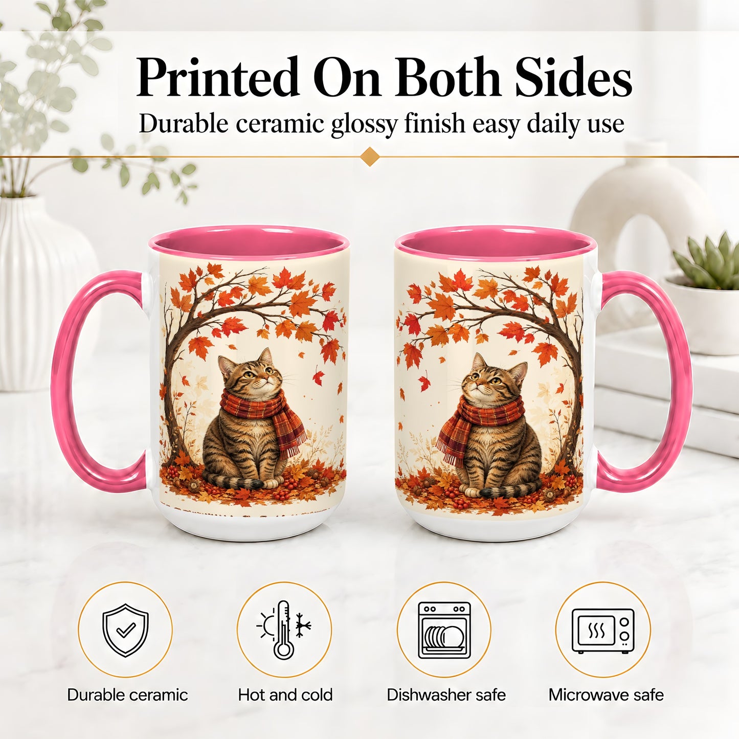 #pl[15oz|Pink] Autumn Cat Accent Mug, Mug with Scarf and Maple Leaves Artwork