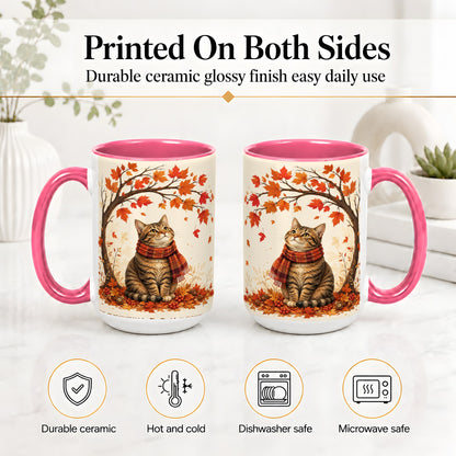 #pl[15oz|Pink] Autumn Cat Accent Mug, Mug with Scarf and Maple Leaves Artwork